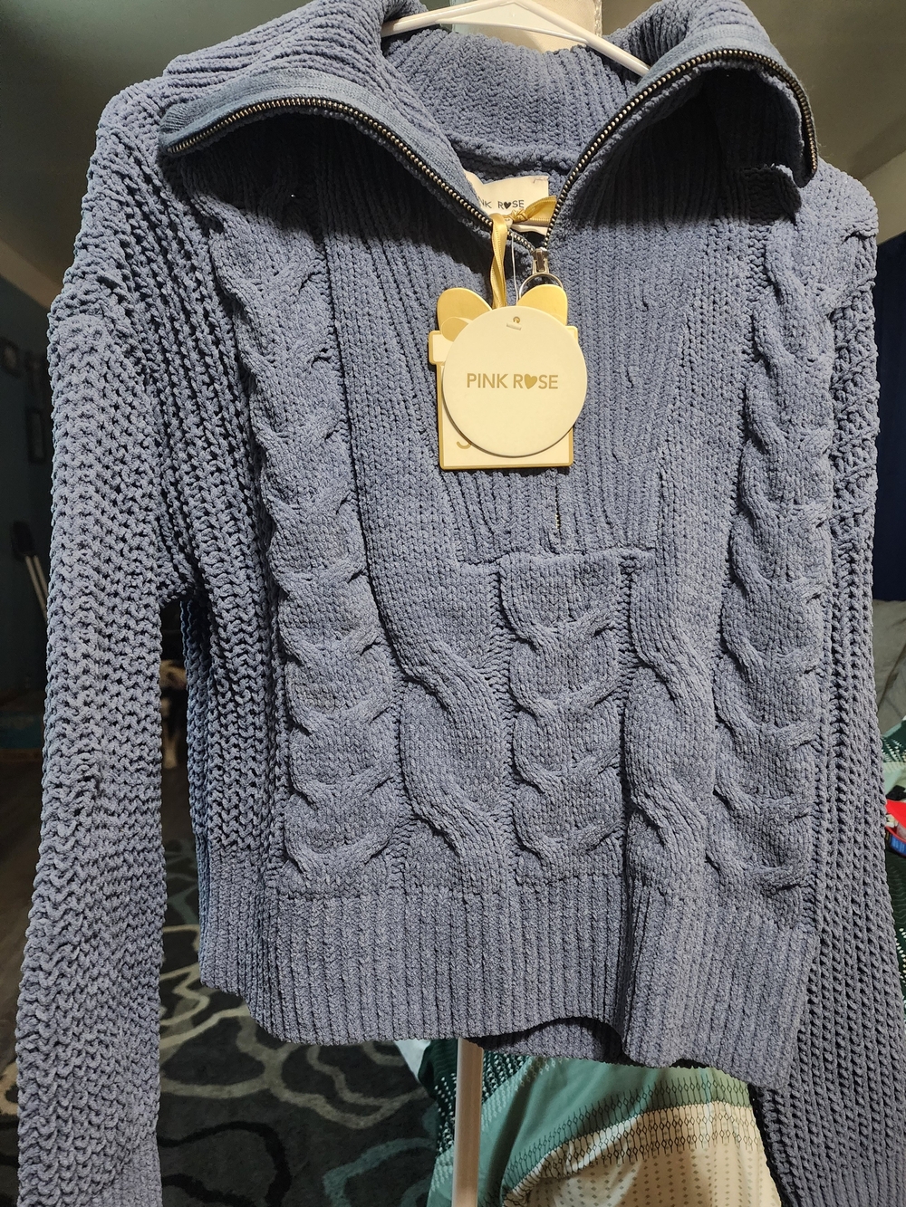 Pink Rose Women’s Cable Half-Zip Sweater in Slate Blue Sz Lrg